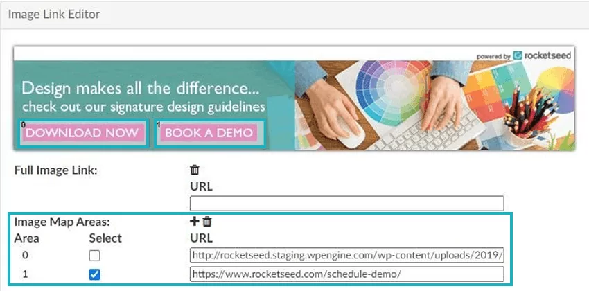 Multiple calls to action button in email banner A screenshot of the Image Link Editor, showing an email banner with various hyperlinks beneath it.