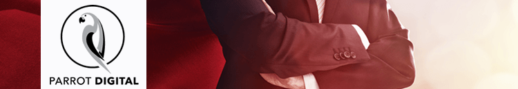 Parrot Digital launch.fw The Parrot Digital logo superimposed on an image of a man in a suit with crossed arms.