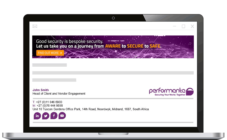 Performanta-branded-email A laptop showing an email from John Smith on screen, with a Performanta branded banner and email signature.
