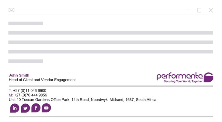 Performanta-email-signature A mockup email signature for John Smith, with contact details, the Performanta logo, and various social media icons along the bottom.