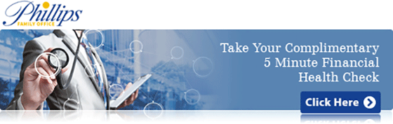 phillips-family-office-email-banner An email banner with the Phillips Family Office logo in the top left corner, a photo of a man wearing a suit and a stethoscope in the centre, and the words "Take Your Complimentary 5 Minute Financial Health Check" and "Click Here" on the right.