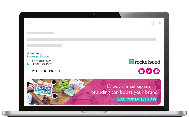 Professional Branded Email Signature A laptop with a Rocketseed email signature on screen.