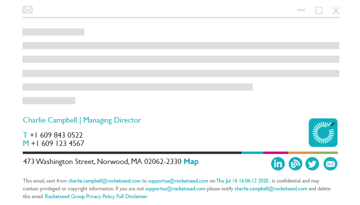 Rocketseed email signature management A Rocketseed email signature for Charlie Campbell, Managing Director, showing contact details, the Rocketseed logo, and various social media buttons.