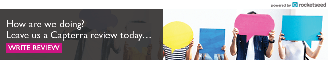 RS---Captera-Review-banner An email banner with the message "How are we doing? Leave us a Capterra review today..." and a "WRITE REVIEW" button, next to a photo of people holding up cutouts of speech bubbles over their faces.