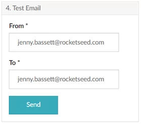 send test.fw A screenshot of a window titled "4. Test Email" with "From" and "To" fields and a "Send" button.