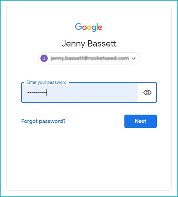 sign-in-gsuite-email-signature-rocketseed A screenshot of the Google login page, showing Jenny Bassett's details.