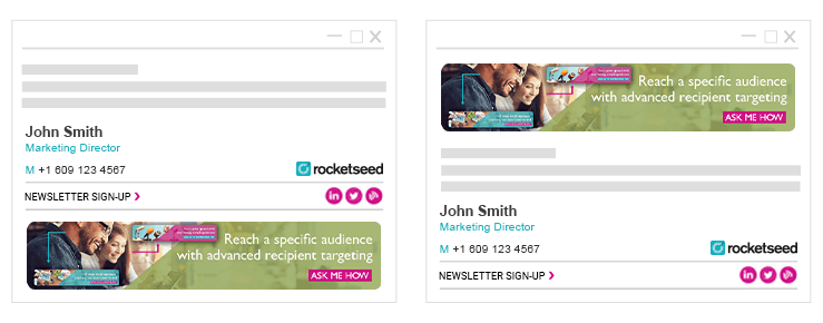 Smart banner - top vs bottom placement Two tablets side by side, both showing Rocketseed emails, one with a banner at the bottom and one with a banner at the top.