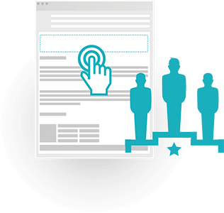 Solutions for sales - Lead generation A graphic of a browser window showing a selection hand, with an icon of three people on a winner's podium superimposed.