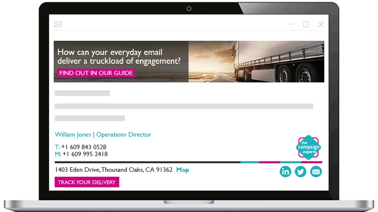 Transport-&-Logistics-Branded-email-(-new-) (1) A laptop showing an email from William Jones on screen, with a The Campaign Experts branded banner and email signature.