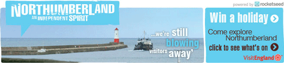 visit-northumberland-email-banner An email banner with the words "Northumberland: An independent spirit" in a blue speech bubble over an image of a boat and a lighthouse, and details of a holiday competition on the right hand side.
