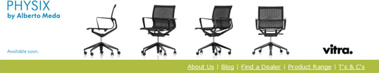 vitra-furniture-email-banner An email banner with the words "PHYSIC by Alberto Meda" and "Available soon" on the left, a desk chair from four angles in the centre, and the vitra. logo on the right.