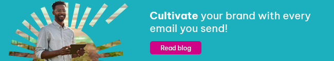 A blue email banner with a black male holding a laptop in the Rocketseed logo cut out with text that reads "Cultivate your brand with every email you send" to promote agriculture email signature marketing and a pink call-to-action that reads "read blog"