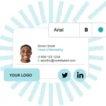 Centrally Control Company email signatures.fw An image of a email signature with the elements (icons, contact details etc) floating around. Over a Rocketseed roundel
