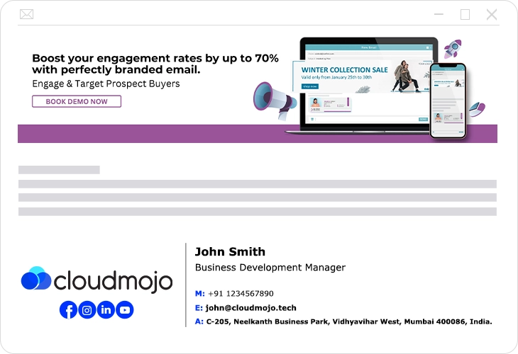 Cloud Mojo Branded email example An example of a branded email from Cloud Mojo, featuring a professional email signature and interactive email signature banner at the top of the email.