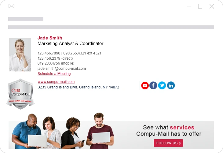 Compu-mail-branded-email An email signature and marketing banner for Jade Smith, with contact details, Compu-Mail logo, company details, and an advertisement for services they offer.