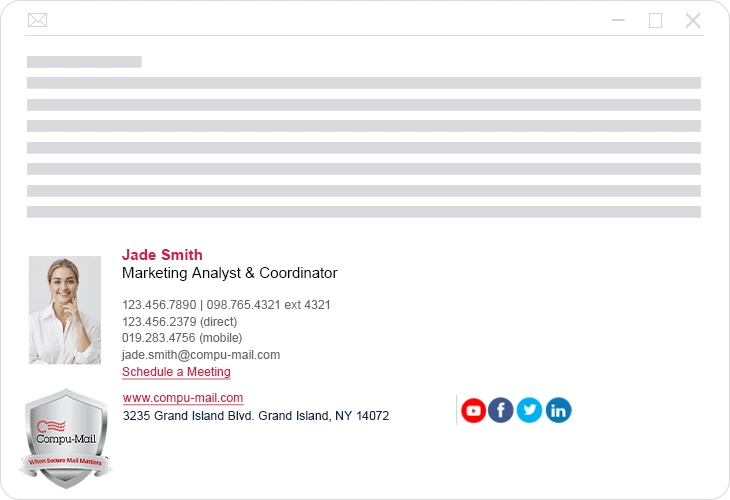 Compu-mail-signature-mail An email signature for Jade Smith, with contact details, social media icons, Compu-Mail logo and company details.