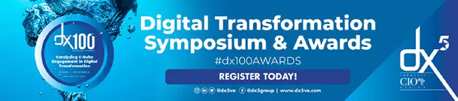 dx100 Awards event email signature marketing banner example An email signature marketing banner promoting the Digital Transformation Symposium & Awards with a call to action to register today.