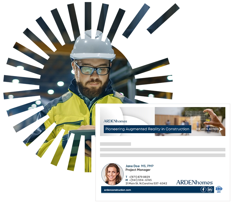 Email signature marketing for construction companies A construction worker looking at a branded construction company email signature on a tablet