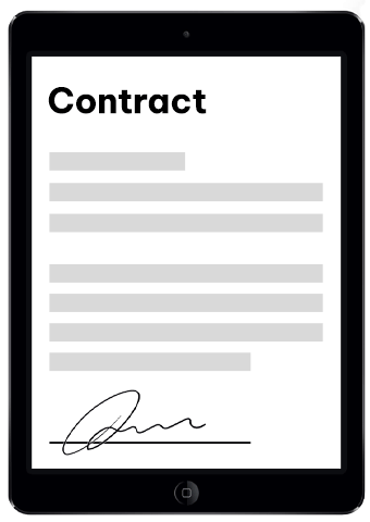 Example-of-digital-E-signature-on-a-tablet A tablet screen showing a contract that highlights the digital signature at the bottom of the screen with an animated border circling the signature