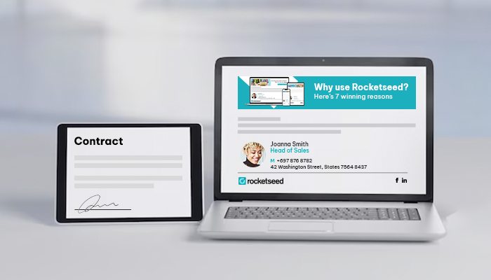 Email Signatures vs. E-Signatures: A Comprehensive Guide for Businesses 1 An image of a laptop displaying a Rocketseed branded email with signature and banner next to a tablet displaying a contract that has been signed with a digital E-signature