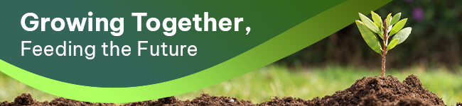 Email marketing banner with a plant growing out of the soil and text reading "Growing together, feeding the future" in white with a green background