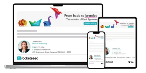 Rocketseed branded email example on multiple smart devices Multiple screens displaying an email signatures of Joanna Doe and a marketing email signature banner