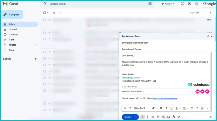 Signature-on-Compose-for-Google-Workspace An example of composing an email with your signature applied, using Signature on Compose for Google Workspace within the Gmail environment