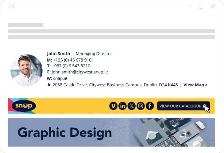 Snap-Branded-email-signature An example of a professional business email signature from Snap, featuring a animated email signature banner below the signature