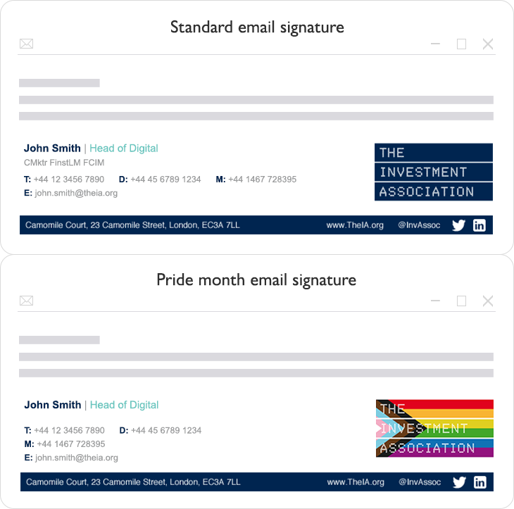 The Investment Association - standard email signature vs pride month email signature The Investment Association standard email signature vs pride month email signature