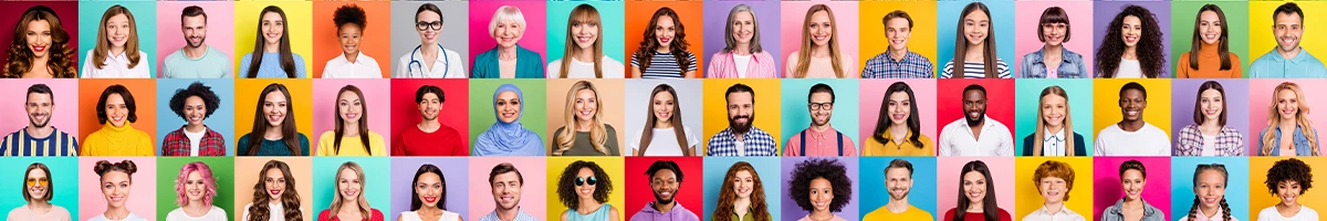 Using gender pronouns in email signatures A collage of a diverse group of people on a colourful background.