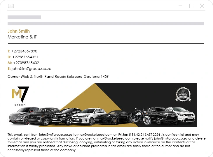 Vehicle Dealership Branded Email Example An example of a vehicle dealership's branded email; featuring a professional email signature of M7 Group and a promotional email marketing banner